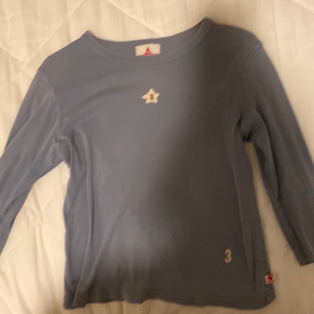 blue long sleeve “3” shirt